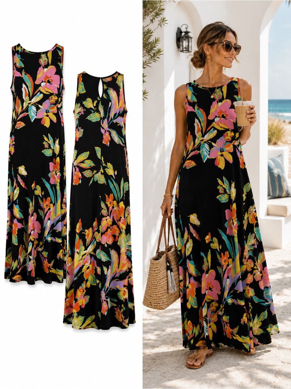 Vince Camuto Black Tropical Floral Sleeveless Maxi Dress Size Large Made in USA - Picture 1 of 16